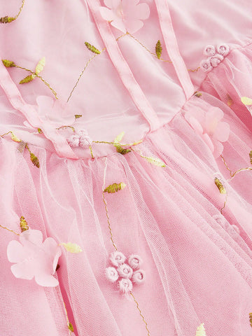 Pink Gorgeous Fantasy Three-Dimensional Flower Mesh Embroidery Cake Dress, Brunch Dress, Date