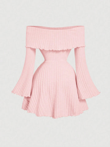 Pink Off Shoulder Sweet Flare Sleeve Knit Ruffle Hem Dress,Party Women Dresses,Elegant Women
