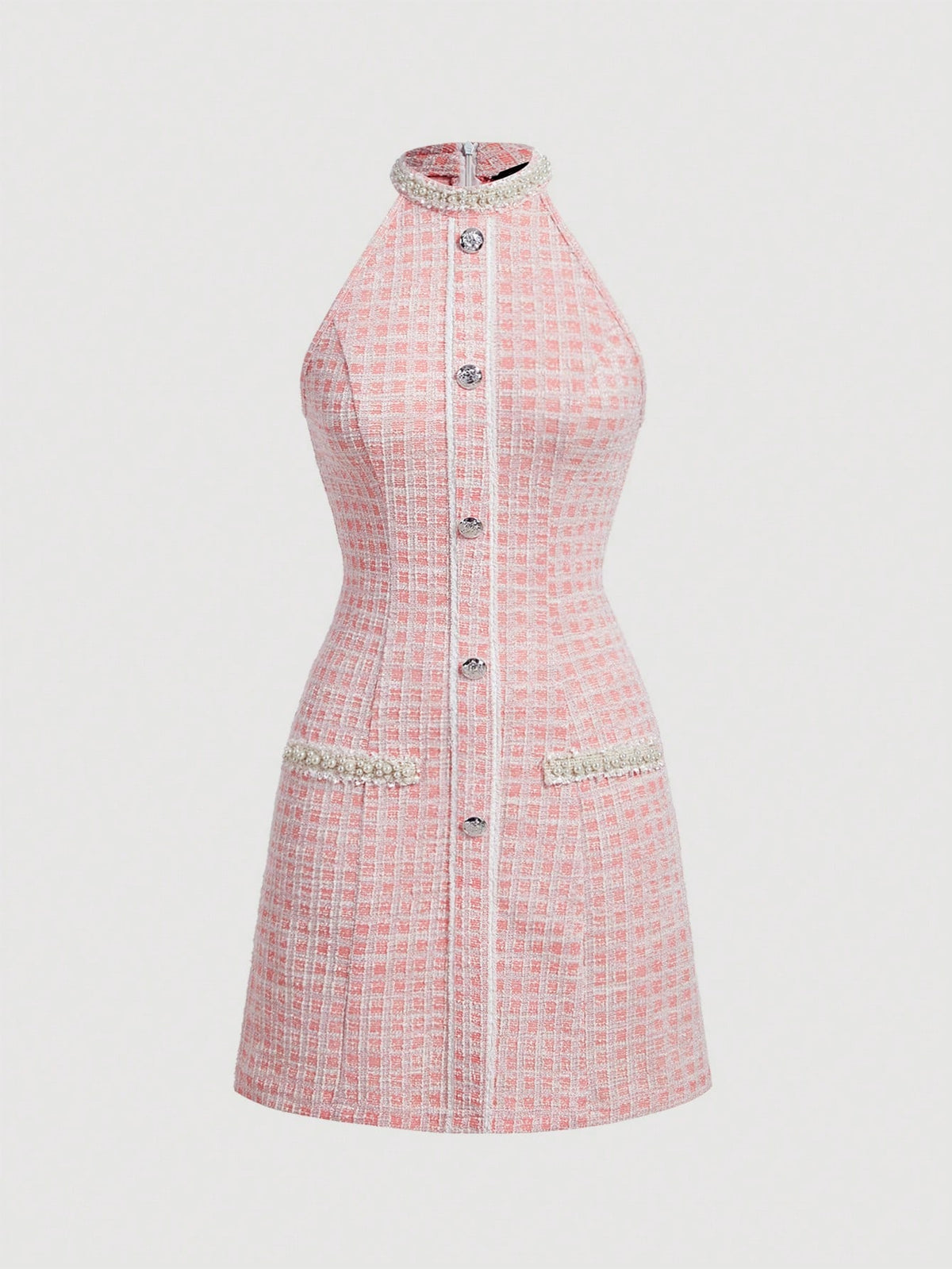 MOD Plaid Button Decorated Halter Neck Dress