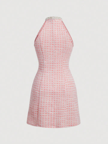 MOD Plaid Button Decorated Halter Neck Dress