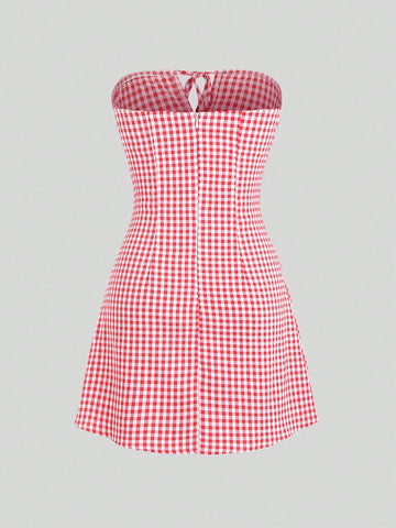 Plaid Strapless A-Line Dress
