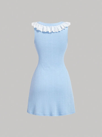 Plain Blue Knitted Bodycon Dress With Embroidery Lace, Lace And Ruffle Details, Textured Pique Fabric And Slim Fit Cut,Spring/Summer