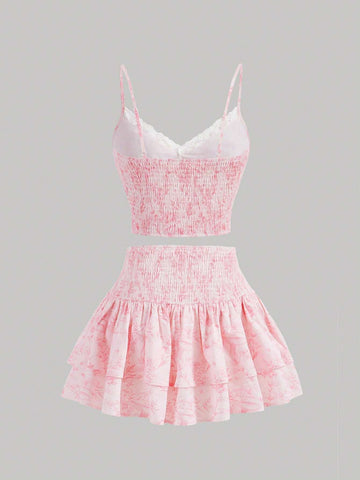 Printed Cami Top And Waist-Shirred Ruffle Hem Skirt Set