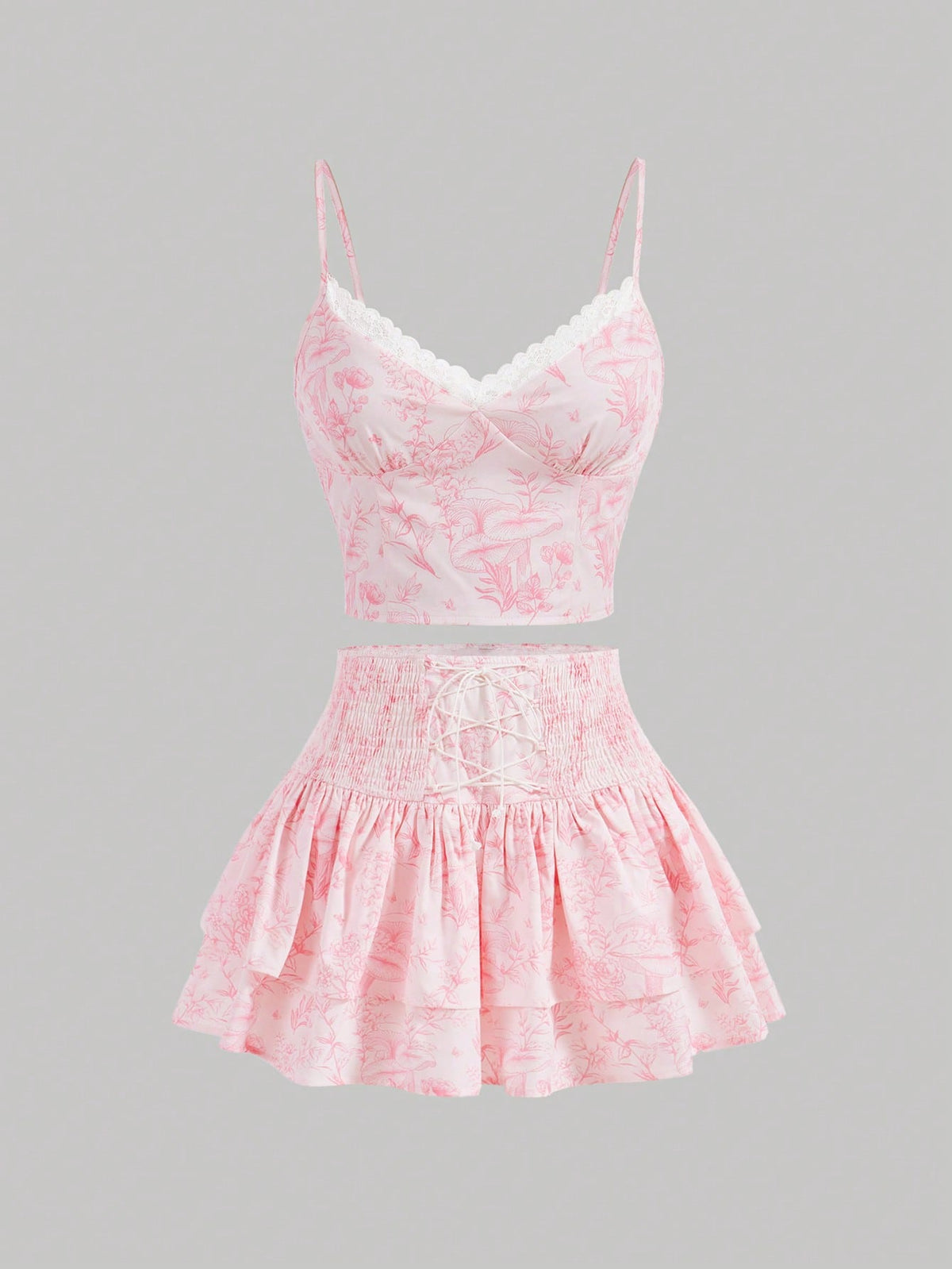 Printed Cami Top And Waist-Shirred Ruffle Hem Skirt Set