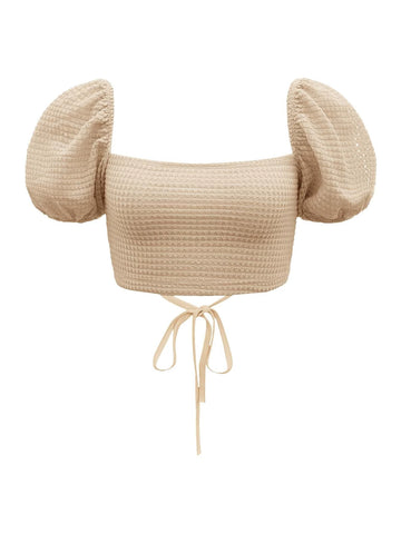 Puff Sleeve Lace Up Backless Textured Crop Top