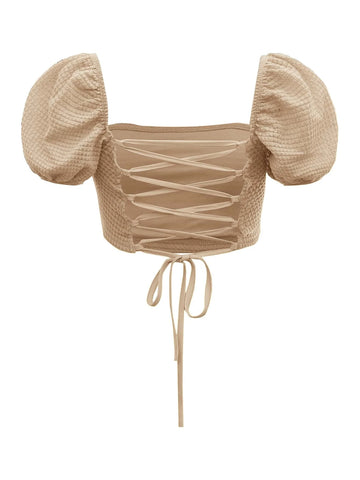 Puff Sleeve Lace Up Backless Textured Crop Top