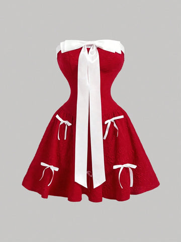 Red And White Big Bow Umbrella Skirt Off-Shoulder Tube Dress Dating Party Palace Vintage,Fall