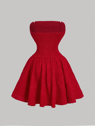Red And White Big Bow Umbrella Skirt Off-Shoulder Tube Dress Dating Party Palace Vintage,Fall