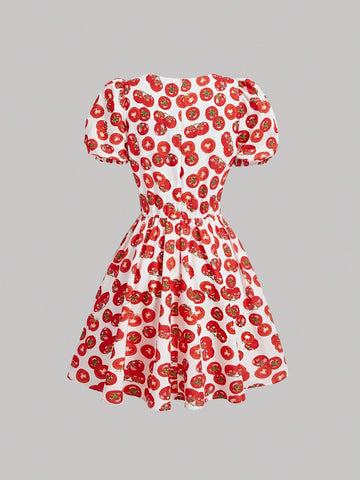 Red And White Colorblocked Tomato-Shaped Puff Sleeve V-Neck Skater Dress, Crop Length, For Sprin