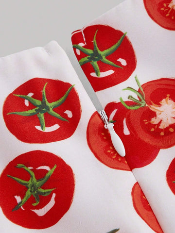 Red And White Colorblocked Tomato-Shaped Puff Sleeve V-Neck Skater Dress, Crop Length, For Sprin