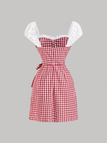 Red And White Plaid Women's Summer Dress,Concert/Rave Festival