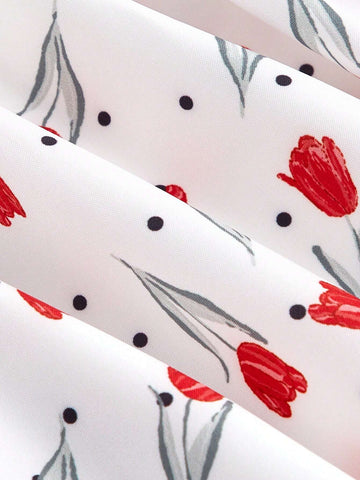 Red Ditsy Floral Romantic Vacation Dress For Summer