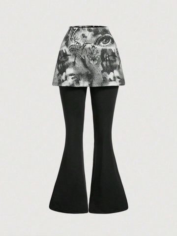 MOD Red Portrait Print Bodycon Flare Pants For Women