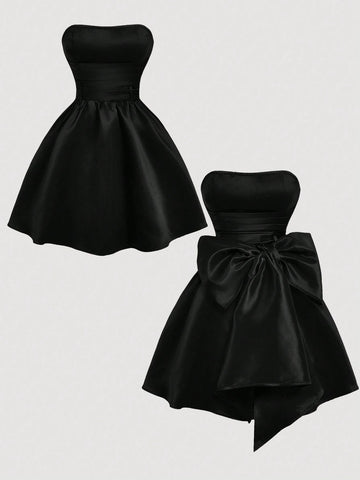 Red Side Bow Strap Bandeau Short Dress For Women