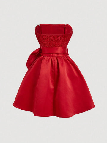 Red Side Bow Tie Bandeau Crop Top Dress For Women