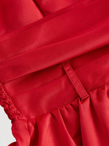 Red Side Bow Tie Bandeau Crop Top Dress For Women