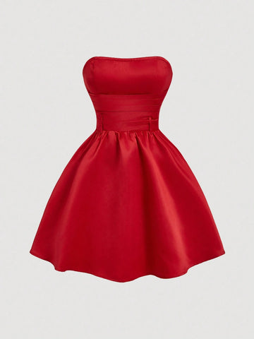 Red Side Bow Tie Bandeau Crop Top Dress For Women