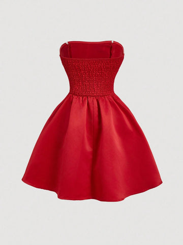 Red Side Bow Tie Bandeau Crop Top Dress For Women