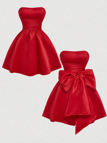 Red Side Bow Tie Bandeau Crop Top Dress For Women