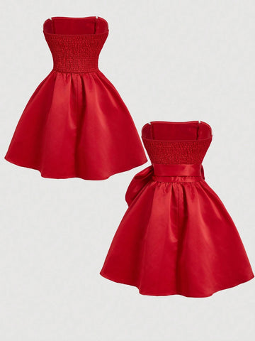 Red Side Bow Tie Bandeau Crop Top Dress For Women