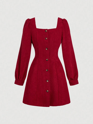 Red Square Neck Long Sleeve Mini Dress For Women