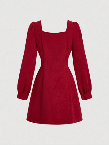 Red Square Neck Long Sleeve Mini Dress For Women