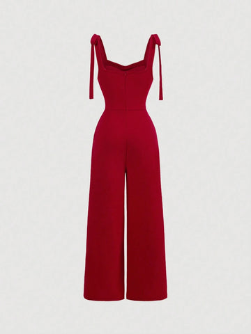 Red Suspender Front Tie Straight Pants, Christmas Clothing, Autumn And Winter Jumpsuits, Elegant Clothing, Party Jumpsuits, Date Clothing