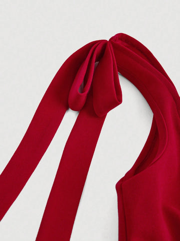 Red Suspender Front Tie Straight Pants, Christmas Clothing, Autumn And Winter Jumpsuits, Elegant Clothing, Party Jumpsuits, Date Clothing