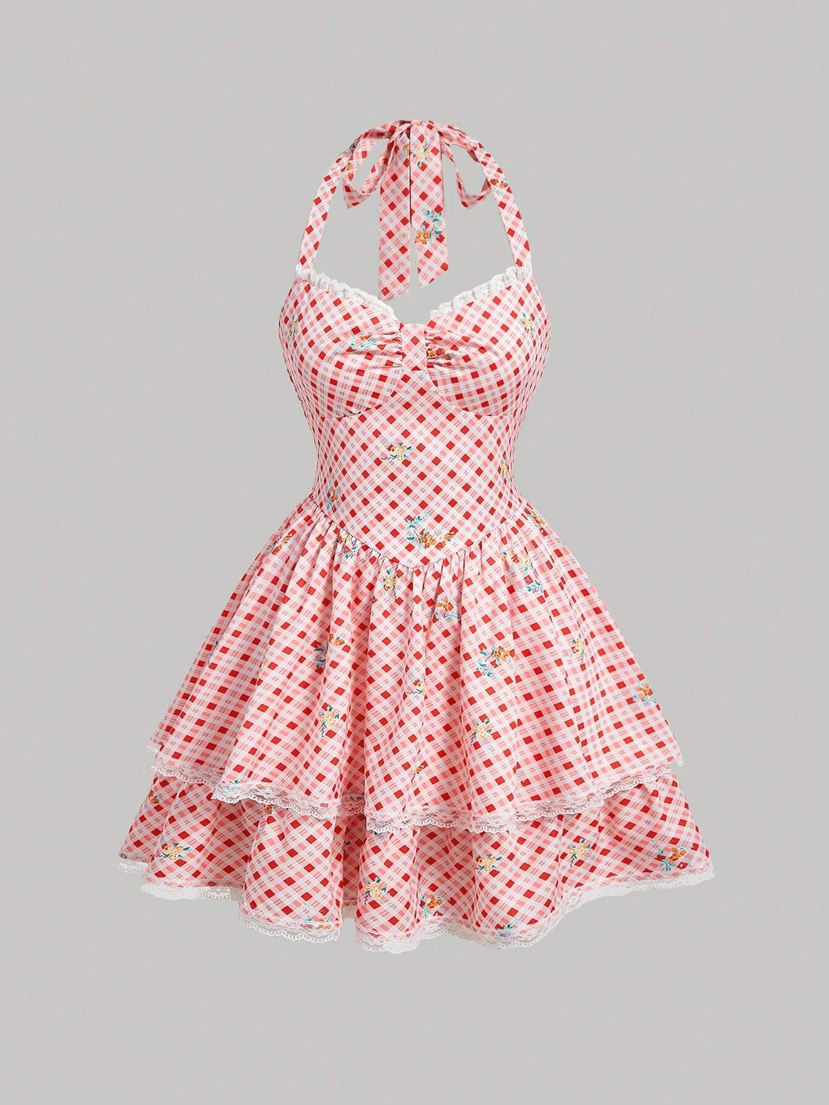 Red & White Checked Picnic Style Halter Neck Dress With Double-Layered Hem And Lace Trim