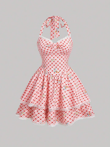 Red & White Checked Picnic Style Halter Neck Dress With Double-Layered Hem And Lace Trim
