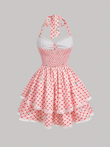 Red & White Checked Picnic Style Halter Neck Dress With Double-Layered Hem And Lace Trim