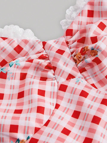 Red & White Checked Picnic Style Halter Neck Dress With Double-Layered Hem And Lace Trim