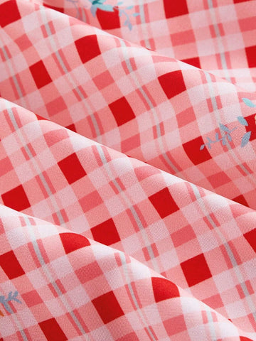 Red & White Checked Picnic Style Halter Neck Dress With Double-Layered Hem And Lace Trim
