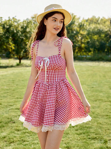 Red & White Plaid Romantic Cute Countryside Style Dress, Decorated With Bow, Ruffle, Lace, V-Waist, Suitable For Holidays, Picnics, Dates