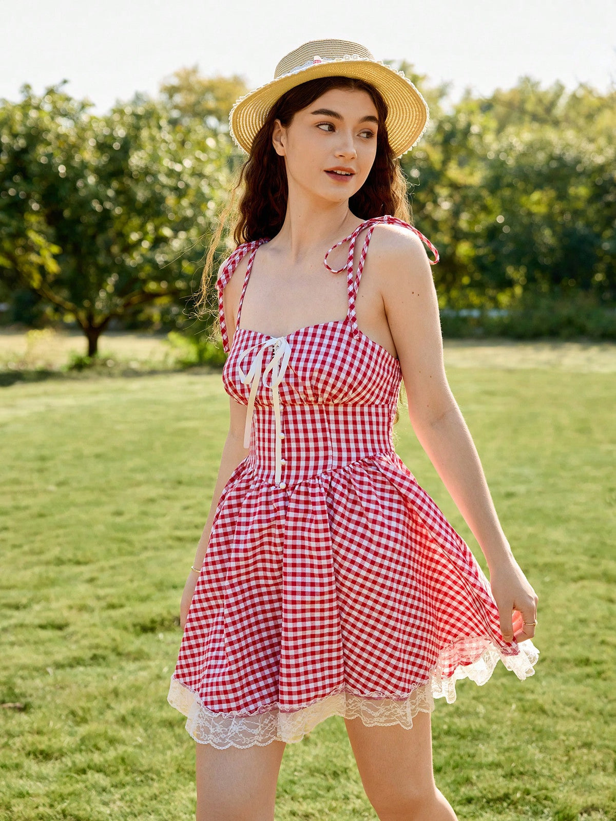 Red & White Plaid Romantic Cute Countryside Style Dress, Decorated With Bow, Ruffle, Lace, V-Waist, Suitable For Holidays, Picnics, Dates
