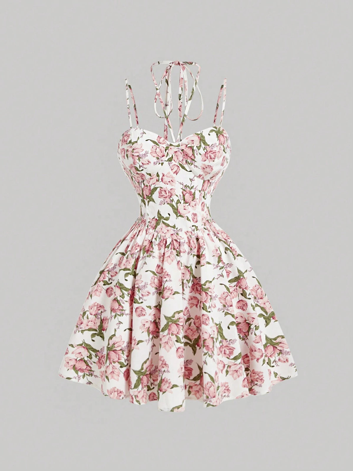 Romantic Women's Pink Floral Front And Back Cross Strap Dress