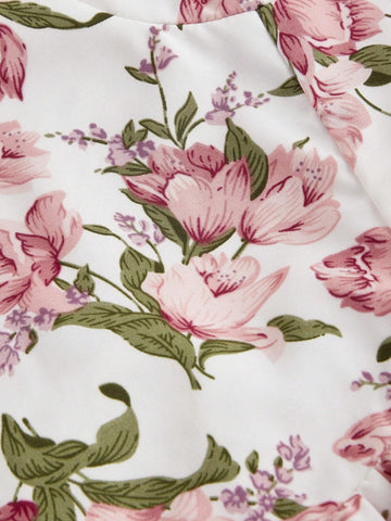 Romantic Women's Pink Floral Front And Back Cross Strap Dress