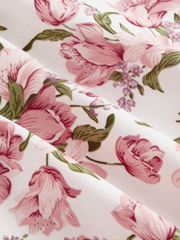 Romantic Women's Pink Floral Front And Back Cross Strap Dress