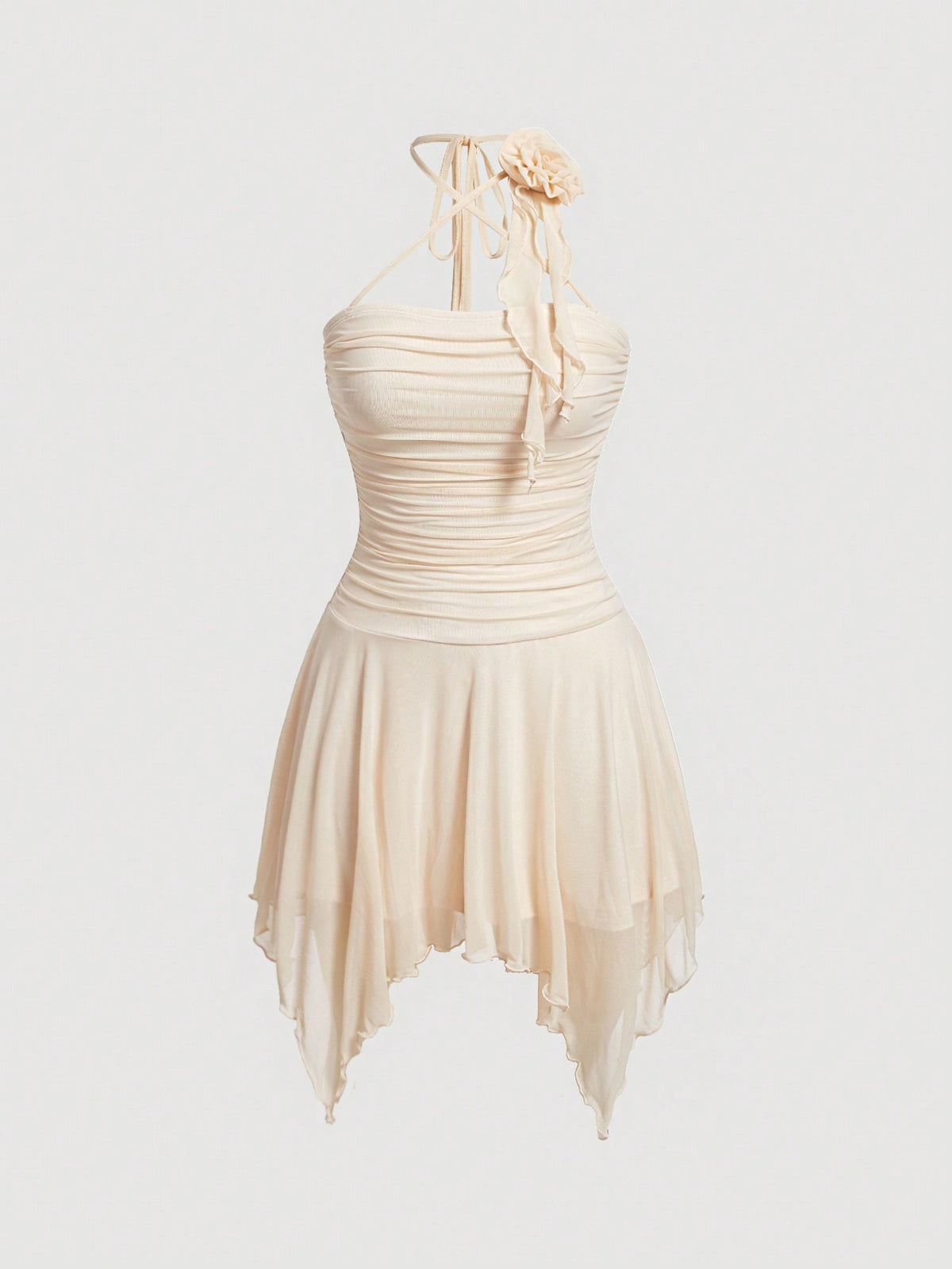 MOD Ruched Asymmetrical Hem Mesh Halter Dress
