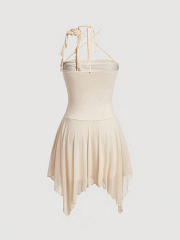 MOD Ruched Asymmetrical Hem Mesh Halter Dress
