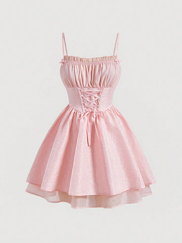 MOD Ruched Bust Lace Up Front Cami Dress