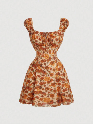 Ruched Front Tie-Up Waist A-Line Print Dress,Bohemia,Hawaiian ,Gyaru,Sexy ,Western,Coquette