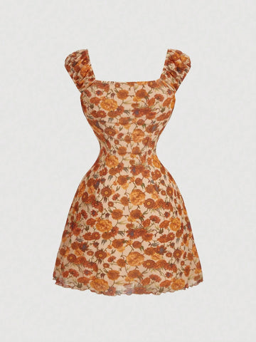 Ruched Front Tie-Up Waist A-Line Print Dress,Bohemia,Hawaiian ,Gyaru,Sexy ,Western,Coquette