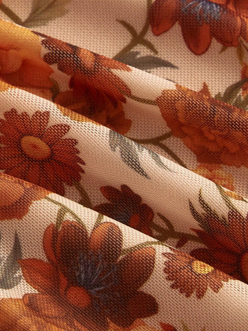 Ruched Front Tie-Up Waist A-Line Print Dress,Bohemia,Hawaiian ,Gyaru,Sexy ,Western,Coquette