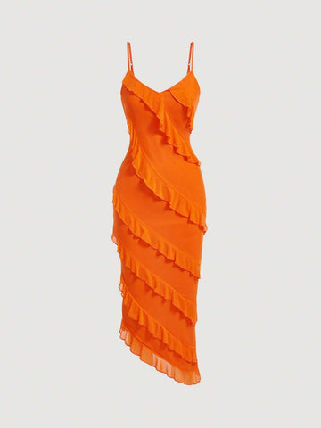 Ruffle Trim Asymmetrical Hem Cami Dress,Flamenco Dress