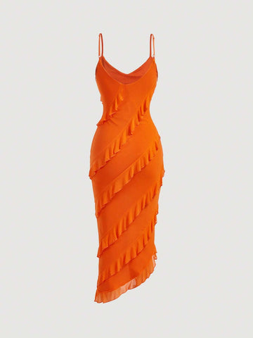 Ruffle Trim Asymmetrical Hem Cami Dress,Flamenco Dress