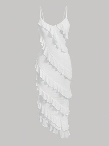 MOD Ruffle Trim Asymmetrical Hem Cami Dress