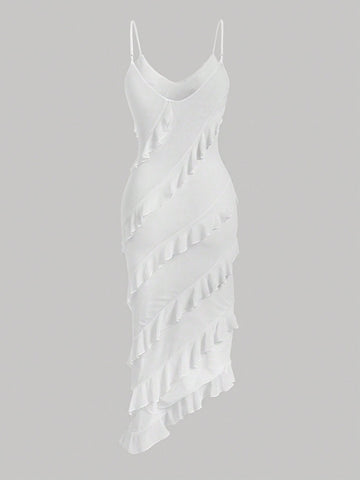 MOD Ruffle Trim Asymmetrical Hem Cami Dress
