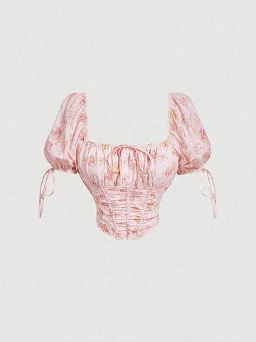 MOD Ruffled Floral Front Tie Puff Sleeve Retro Shirt, Vacation Shirt, Summer Shirt, Valentine's Day Shirt, Beach Wear, Country Wear