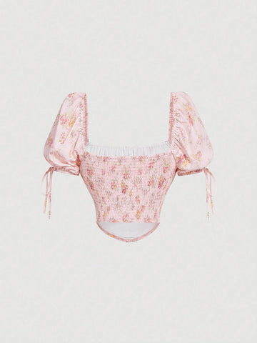 MOD Ruffled Floral Front Tie Puff Sleeve Retro Shirt, Vacation Shirt, Summer Shirt, Valentine's Day Shirt, Beach Wear, Country Wear